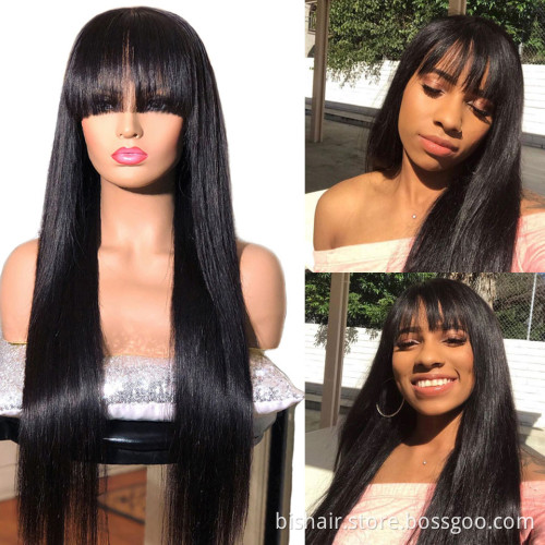 Wig with Bangs Straight Human Hair Wigs Machine Made For Black Women Brazilian fringe 30 inch wig Short natural Hair Pre Plucked